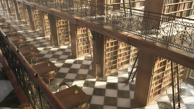 Beautiful looping vintage wooden library with checker marble floor. 4KHD