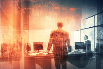 The stock exchange and a businessman in double exposure. Business Plan Funding Abstract The Business Team Is Being Audited And Inspected In A Conference Room With A Computer In The Background