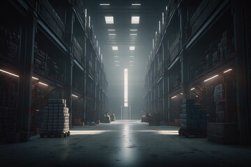 Fototapeta premium Aisle of modern mega warehouse, AI generated
