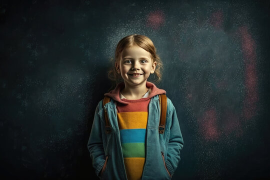 Portrait a cute happy kid student stands in front of a chalkboard, education concept, AI generated