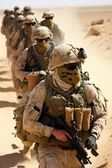 Obraz premium Soldiers squad with fully equipped and armed in a military operation in the scorching desert, generative AI