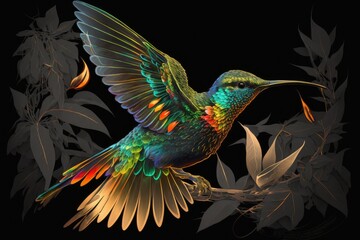 Obraz premium Glamorous and reflective Panterpe insignis, often known as the fiery throated hummingbird, is a brilliantly colored, swift flier. Scene of wild animals taking off from a tropical bush at night. Costa