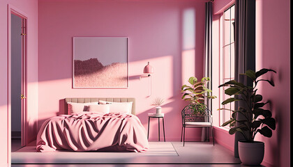 Realistic Illustration of modern minimalistic pinkbedroom background, Generative AI 