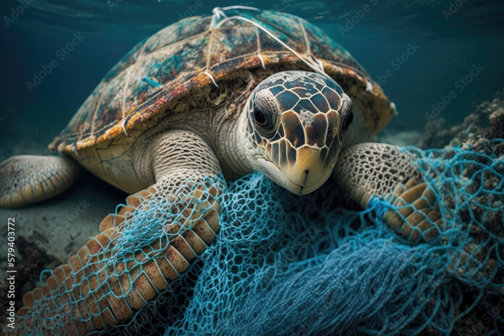 Poster sea turtles entangled in plastic fishing lines, ocean plastic pollution. generative ai