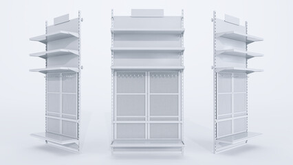 white empty store shelves isolated on white background, showcase racks, 3D render