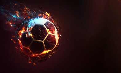Fototapeta premium Soccer ball on fire. Banner. Copy space. generative AI