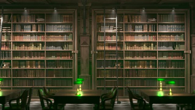 Looping animation of vintage library shelves stacked with countless books. 4KHD