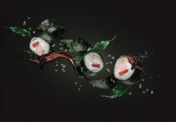 flying maki sushi on black background. Food levitation concept - Powered by Adobe