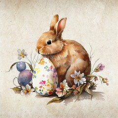 Vintage Easter style decoration, Watercolor easter bunny rabbit and easter eggs Surrounded by Spring flowers, AI generative