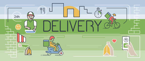 Food delivery infographic. Couriers, customer and partner street food establishments with the concept of the work process