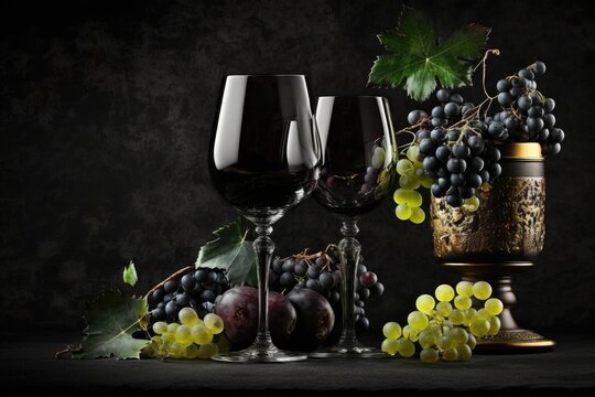 Copy space next to wine glasses decorated with grapes and corks, on a black background. Generative AI