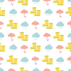 cute cartoon seamless vector pattern with yellow rubber boots, umbrella and raining background. Endless backdrop with rainly weather, textile fabric or wrapping paper. Decorative doodle wallpaper.