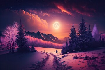 Fantastic nighttime scenery illuminated by the sun A dramatic winter setting. Natural park. Carpathians, Ukraine, and then Europe. Beautiful world Retro filter. Instagram effect of toning. Vivid viole