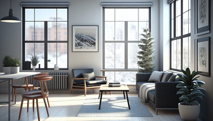 Fototapeta na wymiar Realistic Illustration of modern light apartment with big window, Generative AI