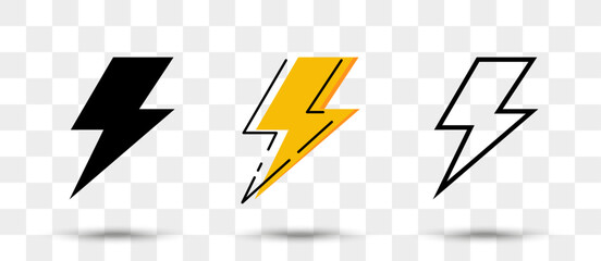 Lightning icons collection in different style with shadow. Set of thunderbolt icons