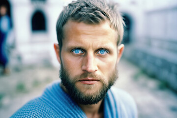 Handsome man with intensely blue eyes, Generative AI