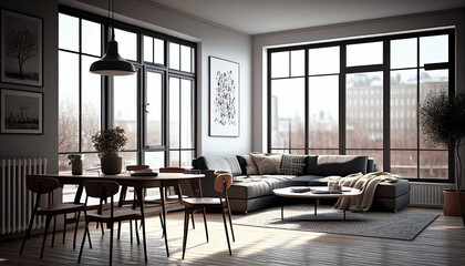 Realistic Illustration of modern light apartment with big window, Generative AI