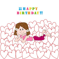 Felicitación de cumpleaños con niña feliz tumbada sobre corazones.