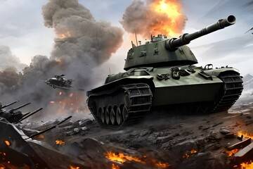 Fototapeta na wymiar tank on a fire, cruel war background with destroying background, and broken tank in the battle