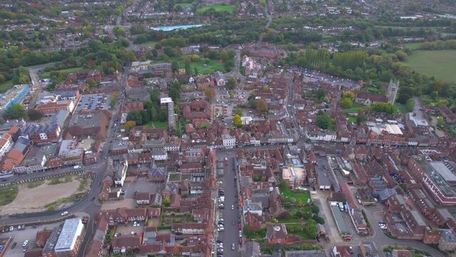 Amazing drone view of downtown Farnham, Surrey, south of England, Autumn