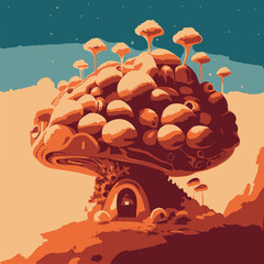 Vector art. Mushroom house in space. Gradient, background. Ecology of thought