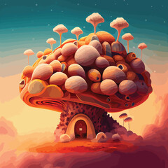 Vector art. Abstract art. Mushroom house in space. Gradient, background. Ecology of thought