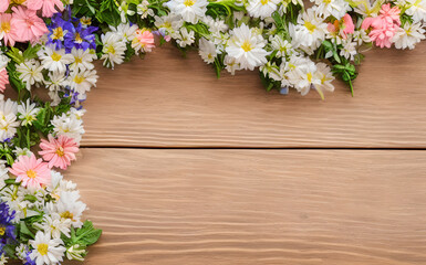 flowers on wooden background, generative ai spring time banner, blossoms on wooden floor / wooden boards / timber surface, season spring design