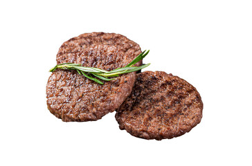 Beef burger patty cutlet for hamburger grilled on BBQ on marble board with rosemary.  Isolated,...