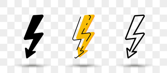 Lightning icons collection in different style with shadow. Set of thunderbolt icons