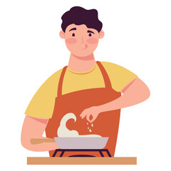 young man cooking with pan