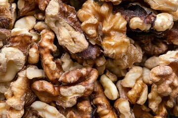 Top view closeup shot of a heap of walnuts
