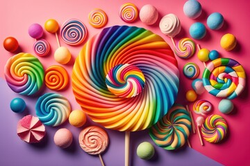 Fototapeta na wymiar Spiral of candy, wooden stick and all, lollipops in rainbow colors on a pink background. Generative AI