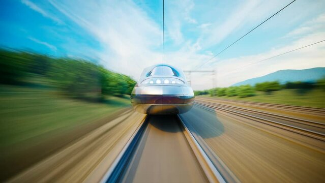 Fast modern high-speed train speeding through the mountainous landscape. 4K HD