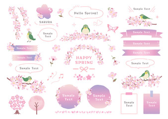 桜の枝にとまるメジロと春のフレームデザイン © Spiharu