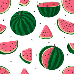 Seamless pattern with watermelons, whole, half and slices. Modern print for fabric, textiles, wrapping paper. Vector illustration