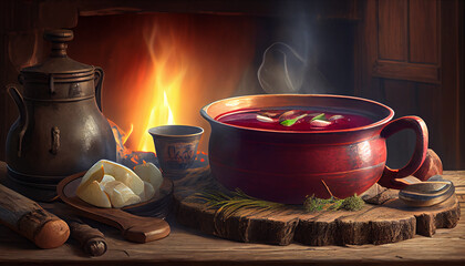 Ukrainian borsch with fireplace on background
