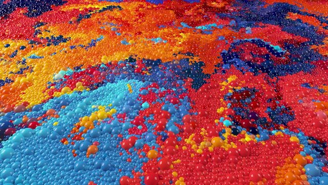 Abstract liquid video background 4k.  3d rendering of spherical particles moving in multicolored swirling flows. Red, orange, blue bubbles balls  floating in colorful intertwining mixing streams.