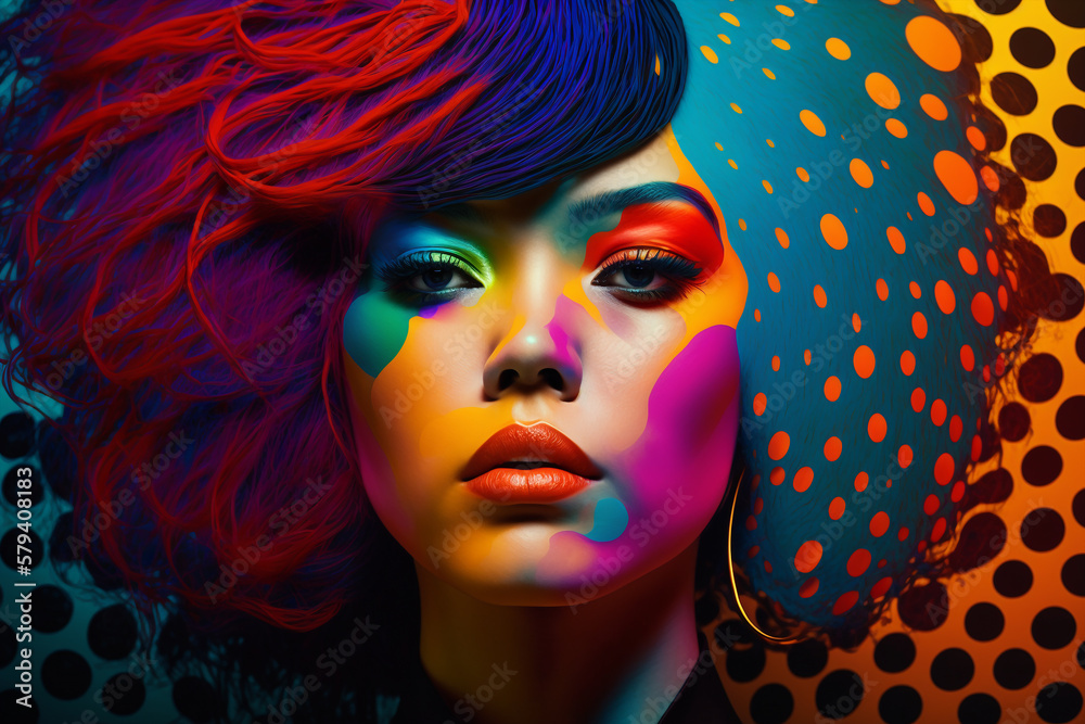 Wall mural beautiful young model with rounded spheres polka dot hairstyle,, pop colorful optical style and makeup, looking at camera, generative ai illustration