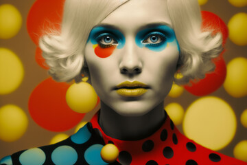 beautiful young model with rounded spheres polka dot  around , pop colorful optical style and makeup, looking at camera, generative ai illustration