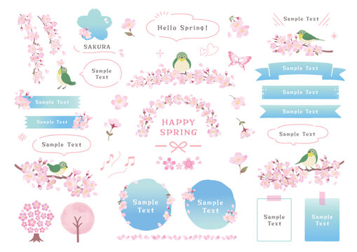 桜の枝にとまるメジロと春のフレームデザイン