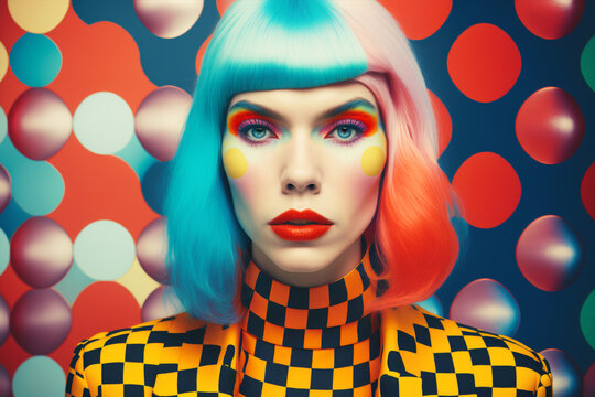 beautiful young model with rounded spheres polka dot  around , pop colorful optical style and makeup, looking at camera, generative ai illustration