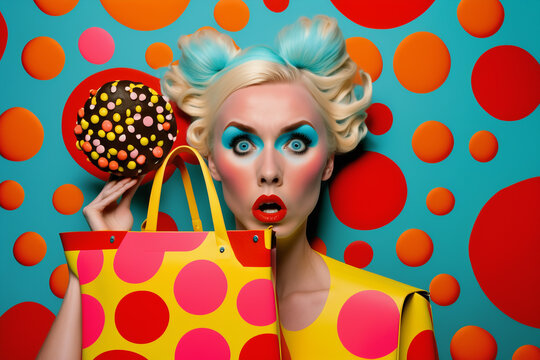 beautiful young model with rounded spheres polka dot  around and retro handbag,, pop colorful optical style and makeup, looking at camera, generative ai illustration