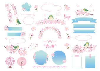 桜の枝にとまるメジロと春のフレームデザイン