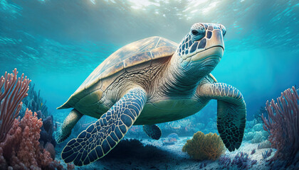 Obraz premium Sea big turtle swimming in blue sea water. Generative AI.