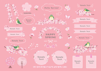 Fototapeta na wymiar 桜の枝にとまるメジロと春のフレームデザイン