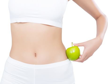 Closeup asian woman holding green apple fruit shape heart and beautiful body diet with fit, girl weight slim with cellulite or calories, health and wellness concept.