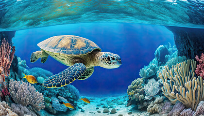 Fototapeta premium Sea big turtle swimming in blue sea water. Generative AI.