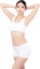 Fototapeta premium Portrait young asian woman smiling beautiful body diet with fit, model girl weight slim with cellulite or calories, health and wellness concept.