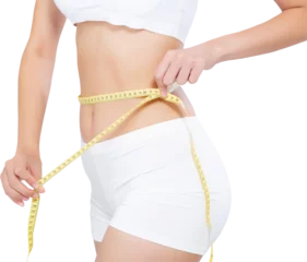 Poster Asian woman diet and slim with measuring waist for weight, girl have cellulite and calories loss with tape measure, health and wellness concept. © N_studio