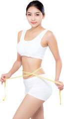 beautiful portrait asian woman diet and slim with measuring waist for weight, girl have cellulite...